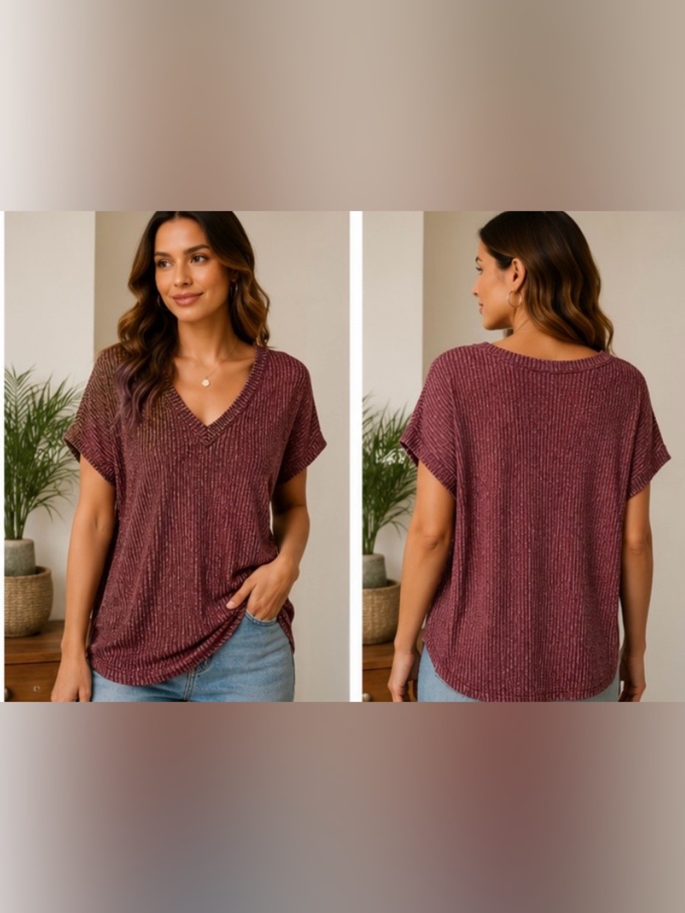 Perch by Blu Pepper 1X Ribbed V Neck Knit Top Mauve Rose Relaxed - Picture 2 of 7
